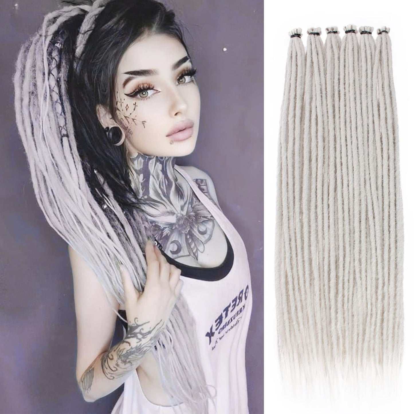 Leeven 20 Strands Thin Dreadlock Extensions 24 Inch Grey Soft Crochet Se Dreads Reggae Style Synthetic Braiding Hair 0.6 Cm Widt
