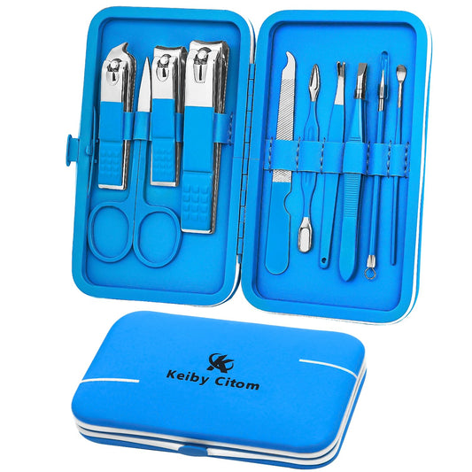 Manicure Set, Travel Mini Nail Clippers Kit Pedicure Care Tools, 10Pcs Stainless Steel Grooming Kit (Blue)