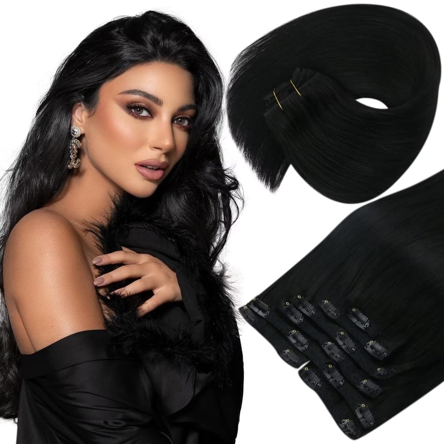 Sunny Black Clip In Hair Extensions Real Human Hair Double Weft Hair Extensions Clip Ins Straight Clip In Real Human Hair Extens
