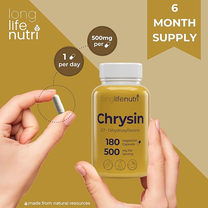 Chrysin 500mg – 180 Vegetarian Capsules, from Passion Flower, 5, 7-Dihydroxyflavone, Natural Antioxidant for Overall Wellness, 6-Month Supply, GMP Certified, Made in USA