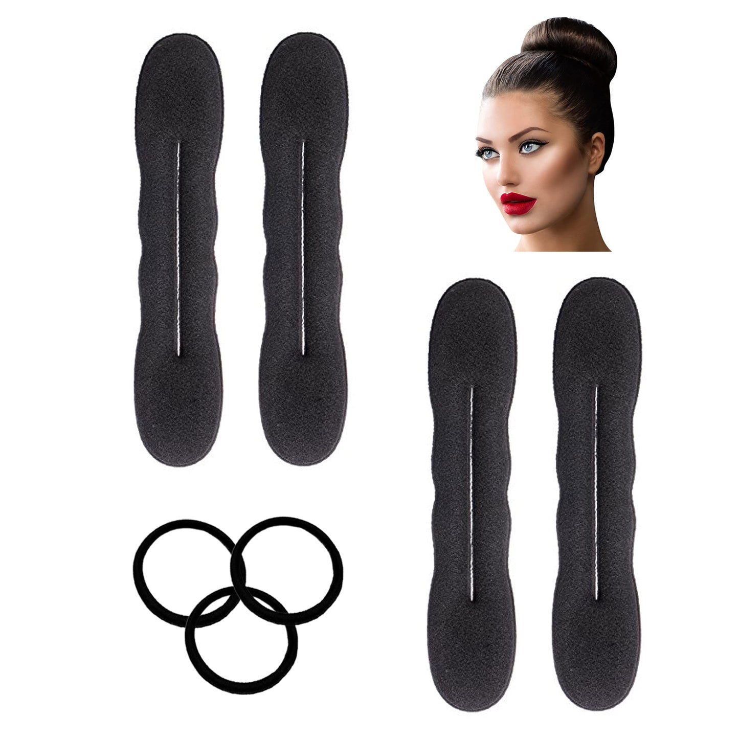 Styla Hair Black Magic Hair Bun Maker 4 Pack Large Foam Sponge Shaper Accessories - Strong, Flexible, Reusable Twister For Updos