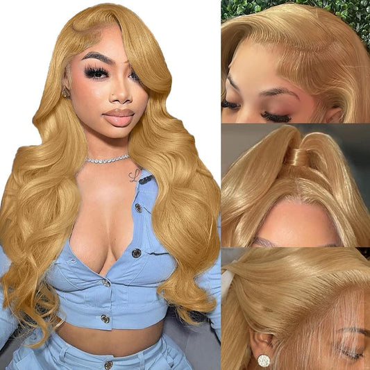 Azkiu Honey Blonde Lace Front Wigs Human Hair 13X4 Body Wave 27# Hd Transparent Wig Pre Plucked With Baby 150% Density Brazilian