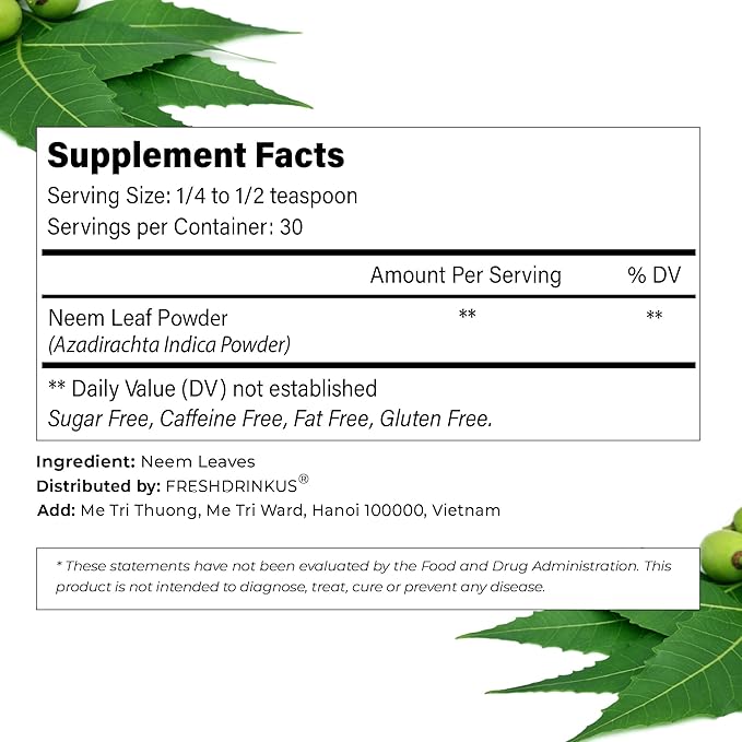 FreshDrinkUS, Premium 2oz Neem Leaf Powder, 100% Natural and Pure from Neem Leaves Dried, for Hair and Skin, No Additives, No Gluten, No Sugar, Vegan