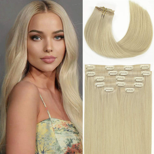 Loxxy Seamless Clip In Hair Extensions Human Hair Platinum Blonde #60A Ultra-Invisible Real Remy Natural Human Hair Extension Si