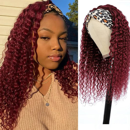 Lauberita Headband Wig Human Hair 99J 24 Inch 180% Density Burgundy Deep Wave Headband Wig 100% Human Hair Wigs Curly Glueless W
