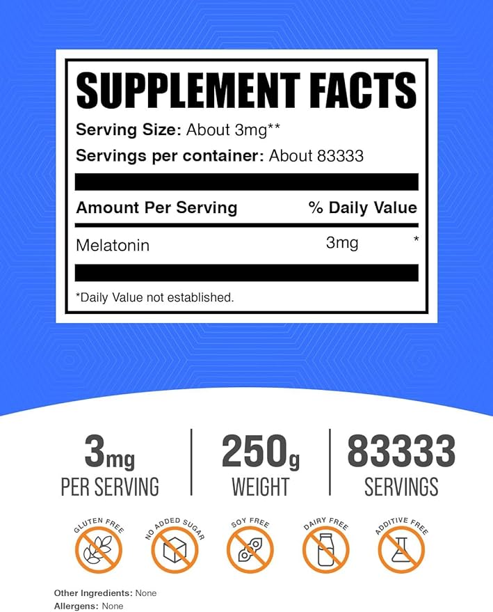 BulkSupplements.com Melatonin Powder - Sleep Supplement, Melatonin for Adults, Melatonin 3 mg - Vegan Melatonin, Pure & Gluten Free, 3mg per Serving, 250g (8.8 oz) (Pack of 1)