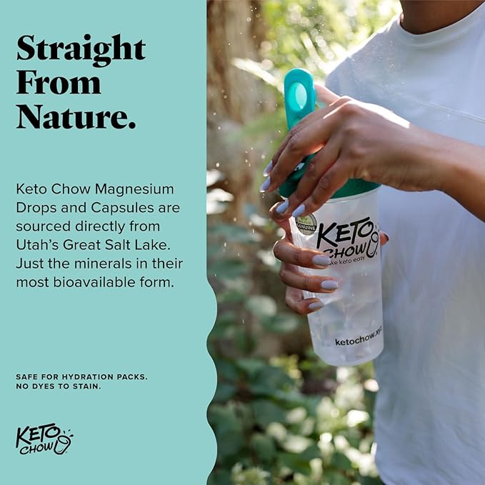 Keto Chow Ionic Magnesium Chloride Supplement Drops | Provides Magnesium, Eletrolytes & Trace Minerals The Body Needs | Sourced from Utah's Great Salt Lake | On The Go Container | 24ml Pocket Flask