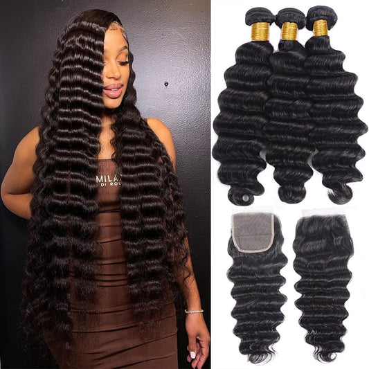 Loose Deep Wave Bundles 26 28 30 With 22 Closure Pre Plucked With Baby Hair Best Brazilian Human Hair Bundles With Closure Loose