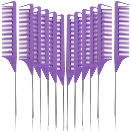 Patelai 12 Pcs Parting Comb For Braids, Purple Stainless Steel Rat Tail Comb For Hair Styling, Hairdressing, Teasing, Pressing,