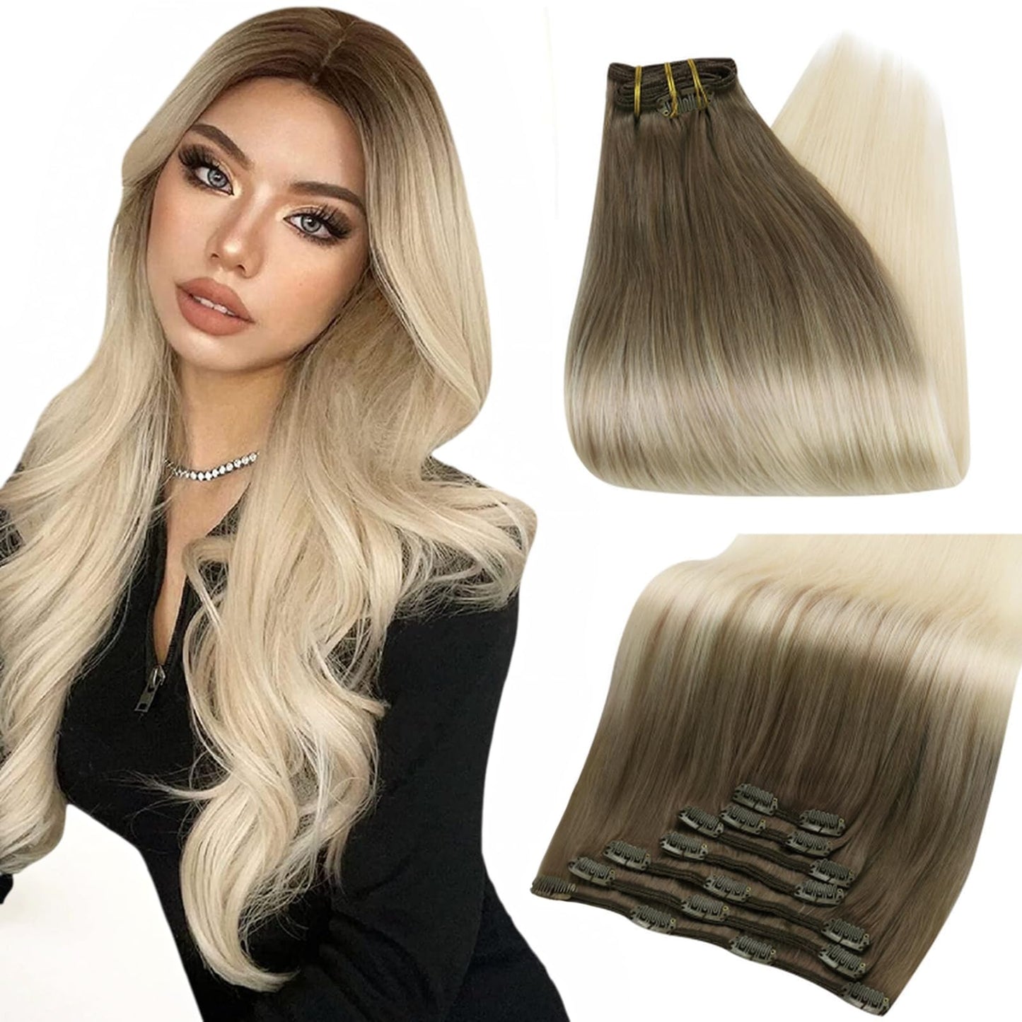 Full Shine Short Clip In Hair Extensions Blonde Real Human Hair Extensions Clip Ins 12 Inch Ash Brown Balayage To Platinum Blond