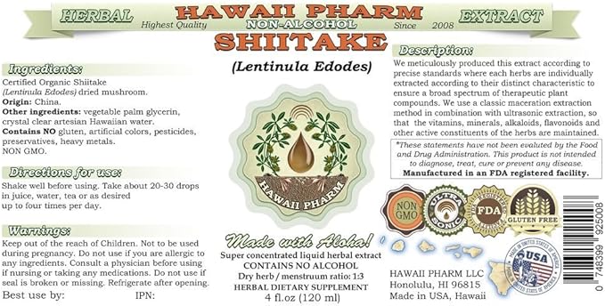 Shiitake Alcohol-Free Liquid Extract, Organic Shiitake (Lentinula Edodes) Dried Mushroom Glycerite Natural Herbal Supplement, Hawaii Pharm, USA 2 fl.oz