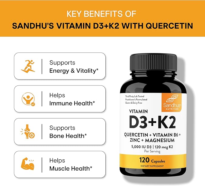 Vitamin D3 K2 5000 IU 120 Capsules (Pack of 3)| with Zinc, Magnesium & Quercetin | 5000IU of D3, 120mcg K2 | Superior Absorption, Supports Natural Energy, Immune, Bone & Muscle Health for Men & Women