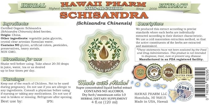 Schisandra Alcohol-Free Liquid Extract, Organic Schisandra (Schisandra Chinensis) Dried Berry Glycerite Natural Herbal Supplement, Hawaii Pharm, USA 2x32 fl.oz