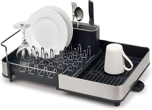 Joseph Joseph Extendable Dish Drying Rack with Dual Parts - Stainless Steel, Non-Scratch, Movable Utensil Drainer & Drainage Spout, Gray