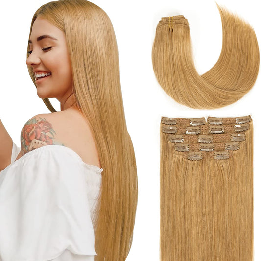 Lacer Hair Straight Hair Clip In Extensions Strawberry Blond 120G 7 Pieces Per Set Grade Quality Silky Straight Double Real Hair