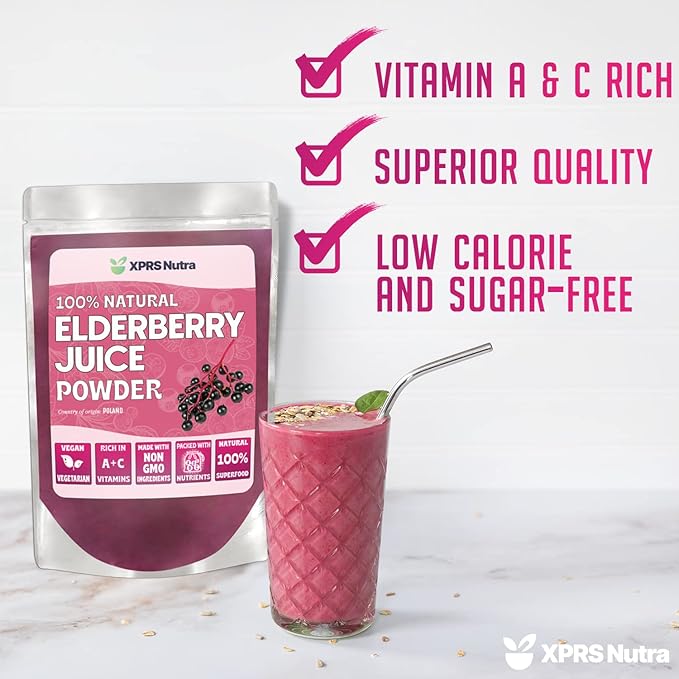 XPRS Nutra Elderberry Juice Powder - Elderberry Powder Organic Fruit Juice Mix - Powdered Elderberries Supplement Rich in Vitamins A and C (16 oz)