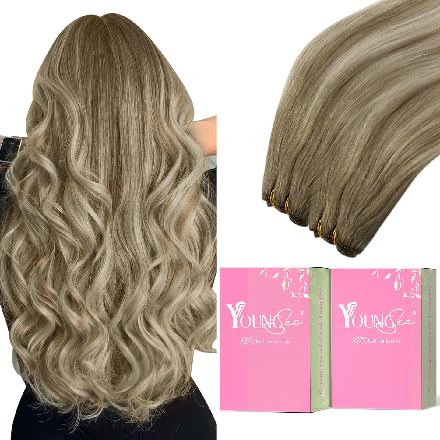 Youngsee 100G 14Inch Weft Hair Extensions Balayage Sew In Hair Extensions Medium Brown Fading To Brown Mix Platinum Straight Wef