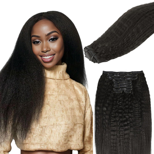 Lashey Clip In Hair Extensions Real Human Hair 150G Kinky Straight 9Pcs Seamless Clip In Hair Extensions, 22 Inch #1B Natural Bl