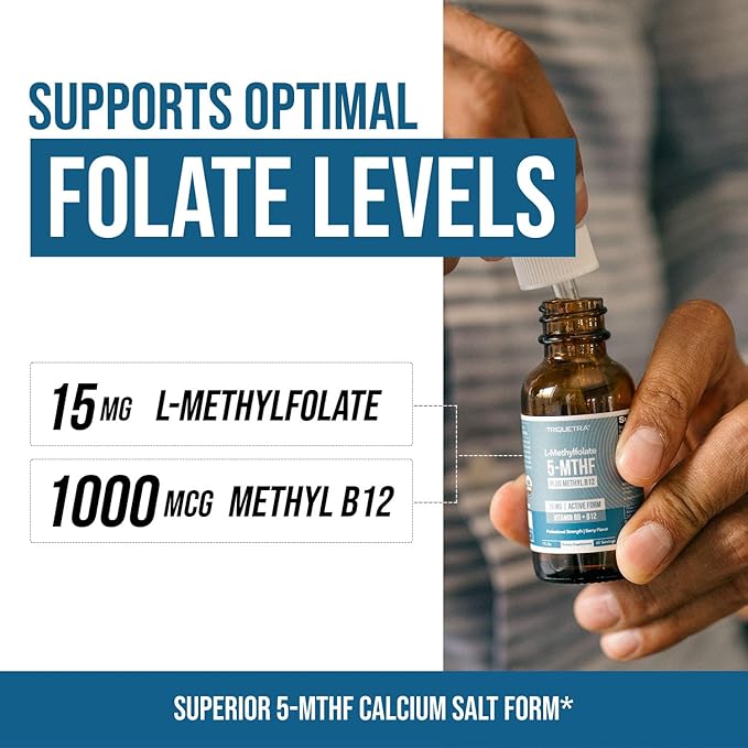 L Methyl Folate 15mg Plus Methyl B12 Cofactor – Organic Berry Flavor, High Potency Liquid Sublingual Active 5-MTHF Form - Supports Mood, Methylation, Cognition – Bioactive Forms Vitamin B9 & B12 (1oz)
