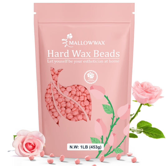 Mallowwax Hard Wax Beads, 1Lb Pink Rose Wax Beans For Hair Removal, Waxing Beads Refill For Sensitive Skin, Perfect For Facial,