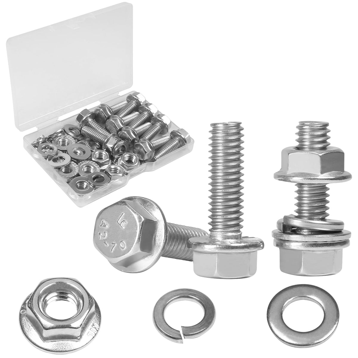 10 Sets 5/16-18 x 1" Flanged Hex Head Bolts Kits, 5/16-18 Flange Hexagon Screws and Nuts,Flat & Spring Lock Washers, 304 Stainless Steel 18-8,Fully Threaded - size: 5/16-18 x 1"