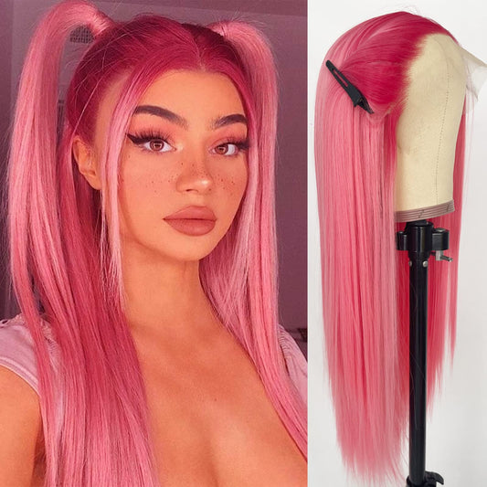 Lovestory Peach Pink Ombre Lace Front Wig Long Straight Synthetic Heat Resistant Hair Wigs Red Glueless Lace Wig For Women Natur