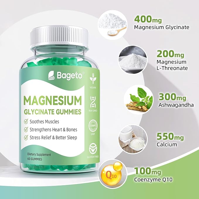 Magnesium Glycinate Gummies 400mg,Sugar Free Magnesium Gummies for Adults & Kids,High Absorption Magnesium Supplement for Muscle Relief (60 Count(Pack of 2), Mixed Fruit)