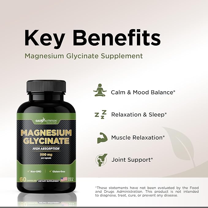 Gade Nutrition Pure Magnesium Glycinate | Magnesium Supplement as Calm Magnesium for Sleep | Magnesium Complex Supplement in Capsules Made wih Magnesium Glycinate Powder - or Calm Magnesium Powder