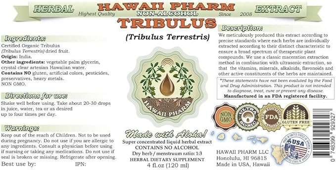 Hawaii Pharm Tribulus Alcohol-Free Liquid Extract, Tribulus (Tribulus Terrestris) Dried Fruit Glycerite Natural Herbal Supplement, USA 4x4 fl.oz