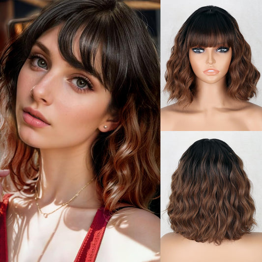 Missqueen Short Brown Wig With Bangs For Women Shoulder Length Bob Curly Women'S Charming Synthetic Black To Brown Wigs Natural