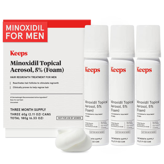 Keeps Extra Strength Minoxidil For Men Topical Aerosol Foam 5%, Hair Growth Treatment - 3 Month Supply (3 X 2.11Oz Bottles) - Th