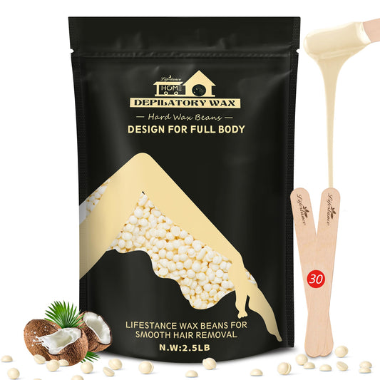 Lifestance 2.5Lb Wax Beads Kit, Cream Hard Wax Beans For Hair Removal Eyebrow Face Underarm With 30 Applicators Waxing For Brazi