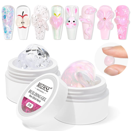 Mizhse Solid Builder Gel, Aurora Pink & Clear Hard Gel For Nails, Non-Sticky Building Gel Sculpting Gel 3D Gel Nail Mermaid Pear
