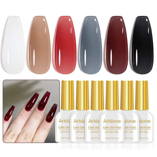 Artdone Sheer Gel Nail Polish Set Jelly Uv Gel 6 Colors Translucent Milky White Black Red Brown Colors Nail Polish For All Seaso