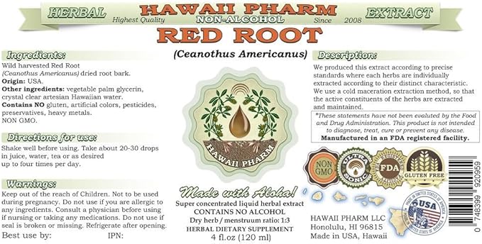 Hawaii Pharm Red Root Alcohol-Free Liquid Extract, Red Root (Ceanothus Americanus) Dried Root Glycerite Natural Herbal Supplement, USA 2x2 fl.oz