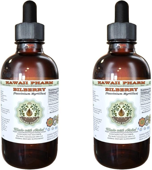 Bilberry Alcohol-Free Liquid Extract, Organic Bilberry (Vaccinium myrtillus) Dried Leaf Glycerite Hawaii Pharm Natural Herbal Supplement 2x4 oz