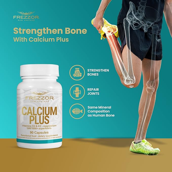 FREZZOR Calcium Plus with UAF1000+, New Zealand Natural Raw Calcium Supplement for Bones, Teeth, Gut Health, & Cardiovascular Support, Phosphorus, Magnesium, Collagen, Selenium, 90 Capsules, 1 Bottle