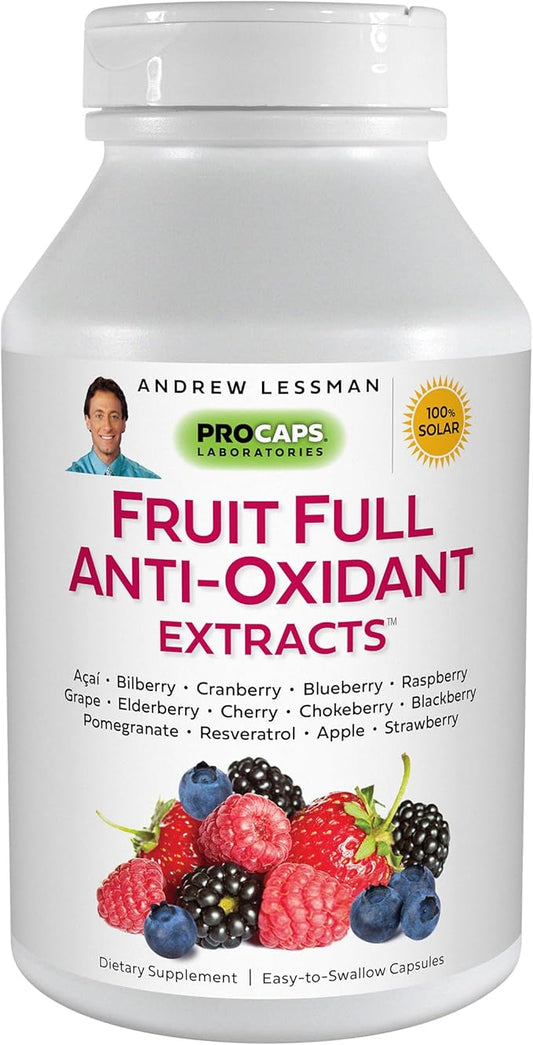 ANDREW LESSMAN Fruit Full Anti-Oxidant Extracts 360 Capsules - 14 Natural Fruit and Berry Extracts. Bilberry, Cranberry, Grape Seed, Pomegranate, Resveratrol, and More. Easy to Swallow Capsules