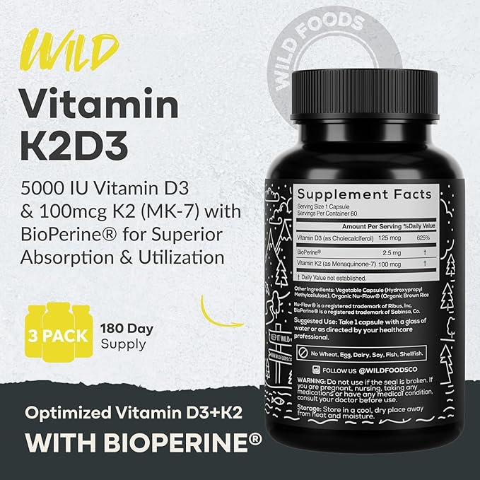 Wild Foods 5000iu Vitamin D3 + K2 | (100mcg Mk7) with Black Pepper Extract, Plant-Based, Non-GMO, Soy & Gluten-Free | Dietary Supplement | Made in USA | 60 Capsules