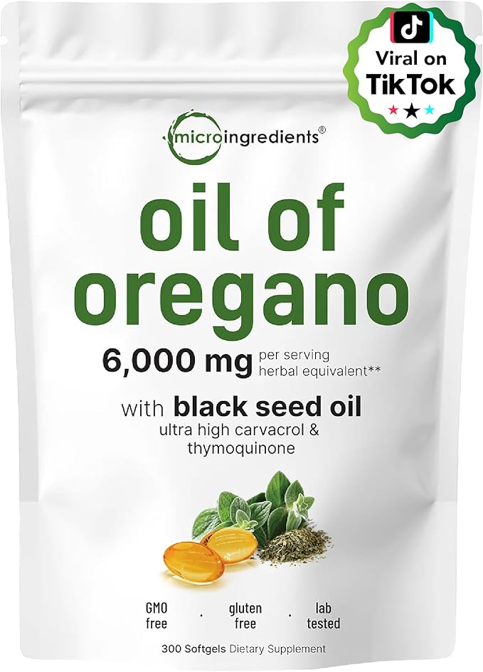 Micro Ingredients Oil of Oregano 6,000mg Softgels & L-Theanine 200mg with Magnesium Glycinate Bundle 2 Pack | 4X Strength Carvacrol & Thymoquinone | Amino Acid & Mineral Complex