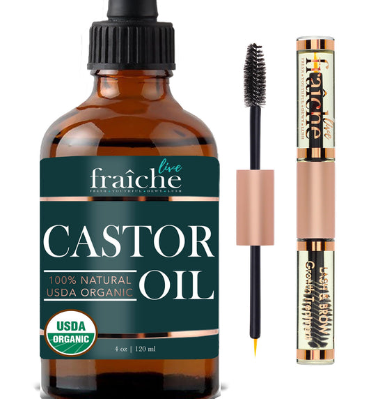 Live Fraiche Organic Castor Oil (4Oz) + Filled Mascara Tube, 100% Usda Pure, Cold Pressed, Hexane Free Lash Serum Hair Growth Oi