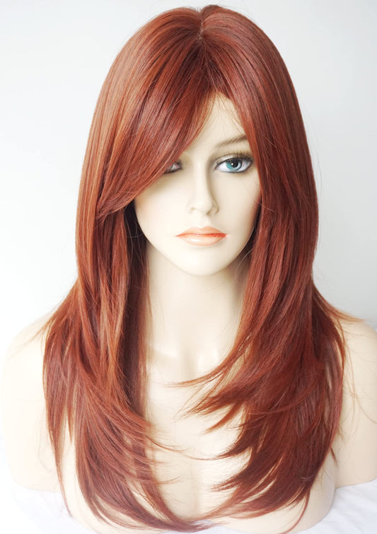 Long Layered Shoulder Length Copper Brown Wig Synthetic Hair Fiber Multicolor Wigs For White Women
