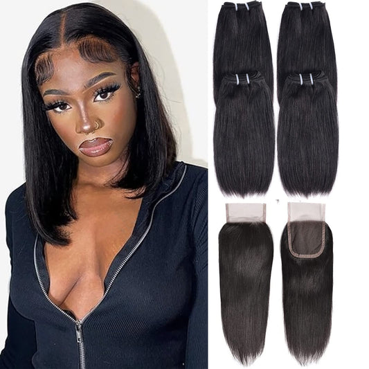 Liang Dian 12 Inch Brazilian Short Human Hair Bundles Natural Color 4 Bundles With Closure Brazilian Virgin Hair 100% Unprocesse