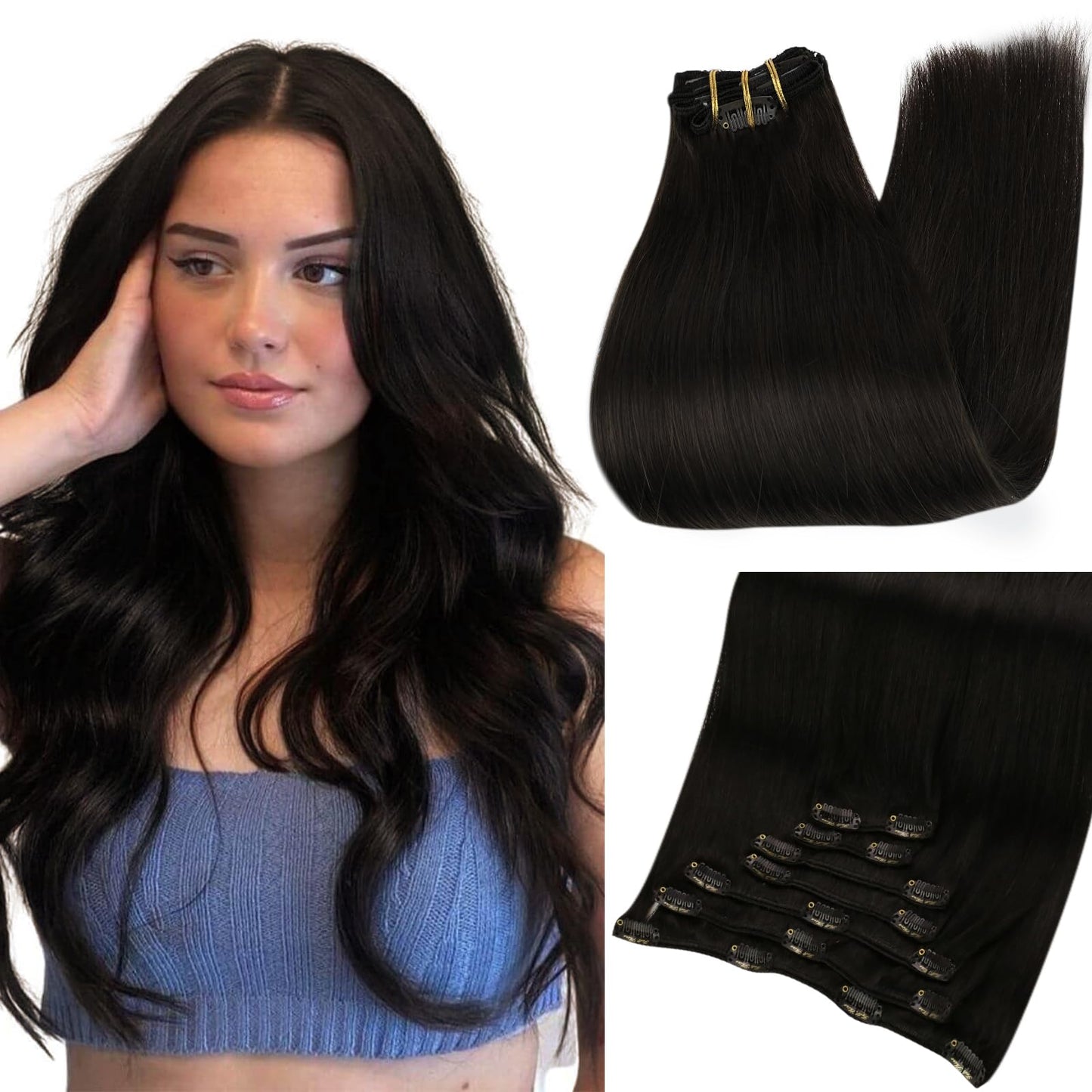 Full Shine Clip In Hair Extensions Real Human Hair Natural Black Hair Extensions Clip Ins Black Clip In Hair Extensions Invisibl