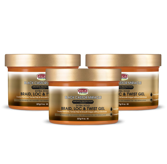 African Pride Black Castor Miracle Extra Hold Braid, Loc, Twist Gel - Tames Frizz & Edges, No Parabens, No Sulfates, No Mineral