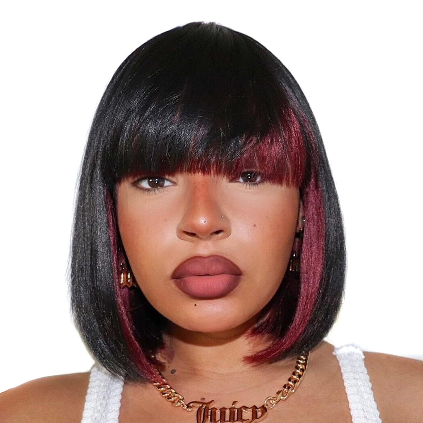 Toyotress Peek-A-Boo Burgundy Bob Wigs With Bangs - 10 Inch Yaki Straight Hair Daily Costume Wig For Black Women, Soft Short Syn