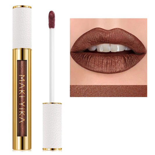 Maki Yika Brown Lipstick For Women Metallic Lipsticks Glitter Long Lasting Lipstick No Smudge No Transfer Liquid Lip Gloss (Br04