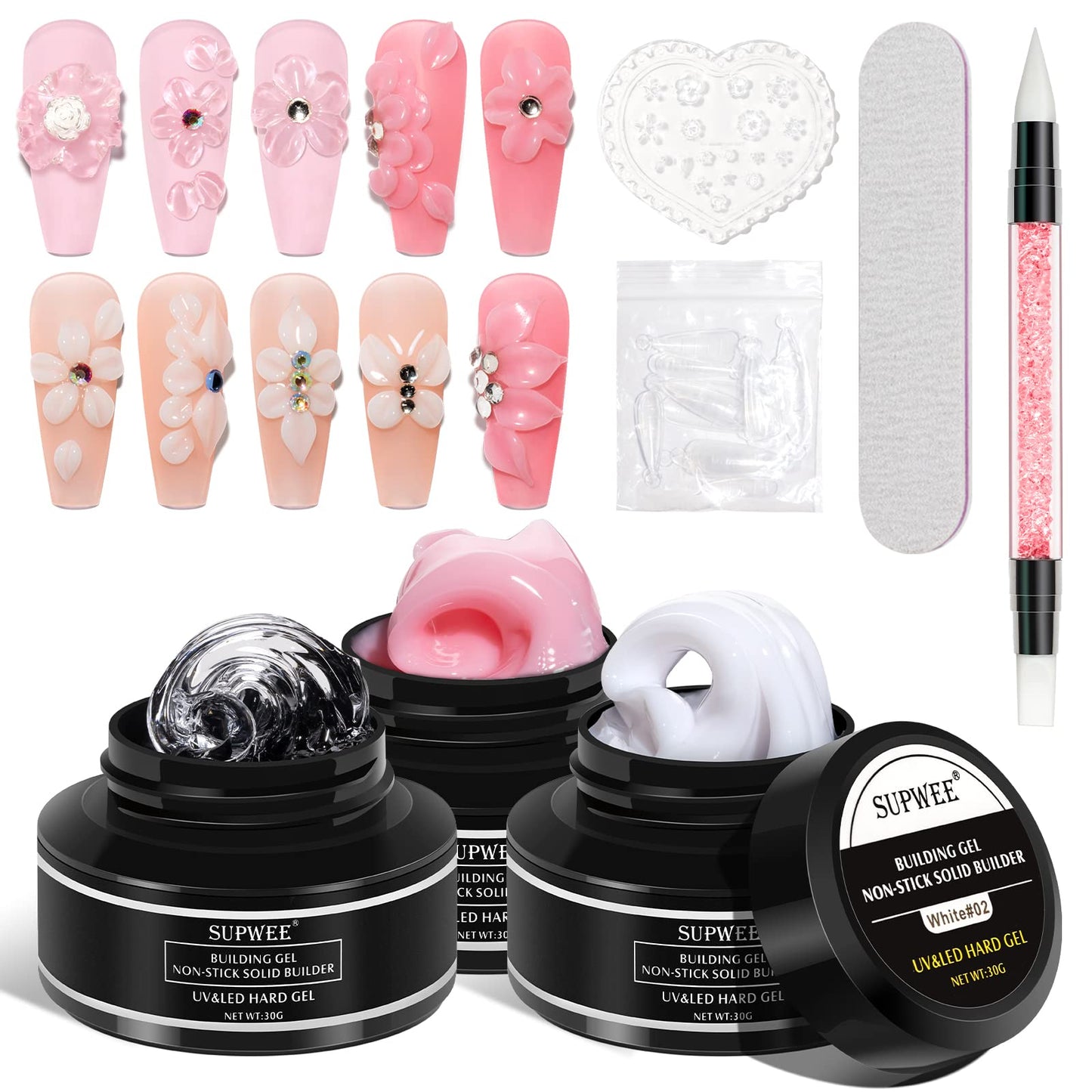 Supwee Solid Builder Gel For Nail Extension 3D Nail Gel Art Non Stick Hand Sculpture Hard Gel With Dual Form Flower Nail Strengt