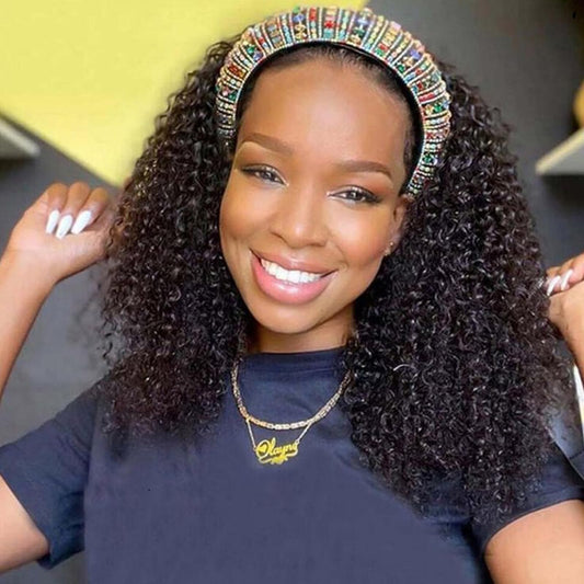 Lauberita Headband Wig Human Hair 180% Density Kinkycurly Headband Wigs Glueless Curly Human Hair Wig For Women Natural Color 24