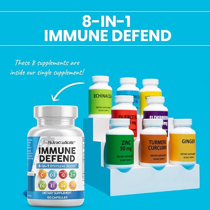 Clean Nutraceuticals Immune Defense Support Supplement 8 in 1 with Zinc 50mg Quercetin, VIT C 1000mg, Vitamin D3 5000 IU, Elderberry, Ginger - Immunity System Booster for Adults, Vegan - 60 Count